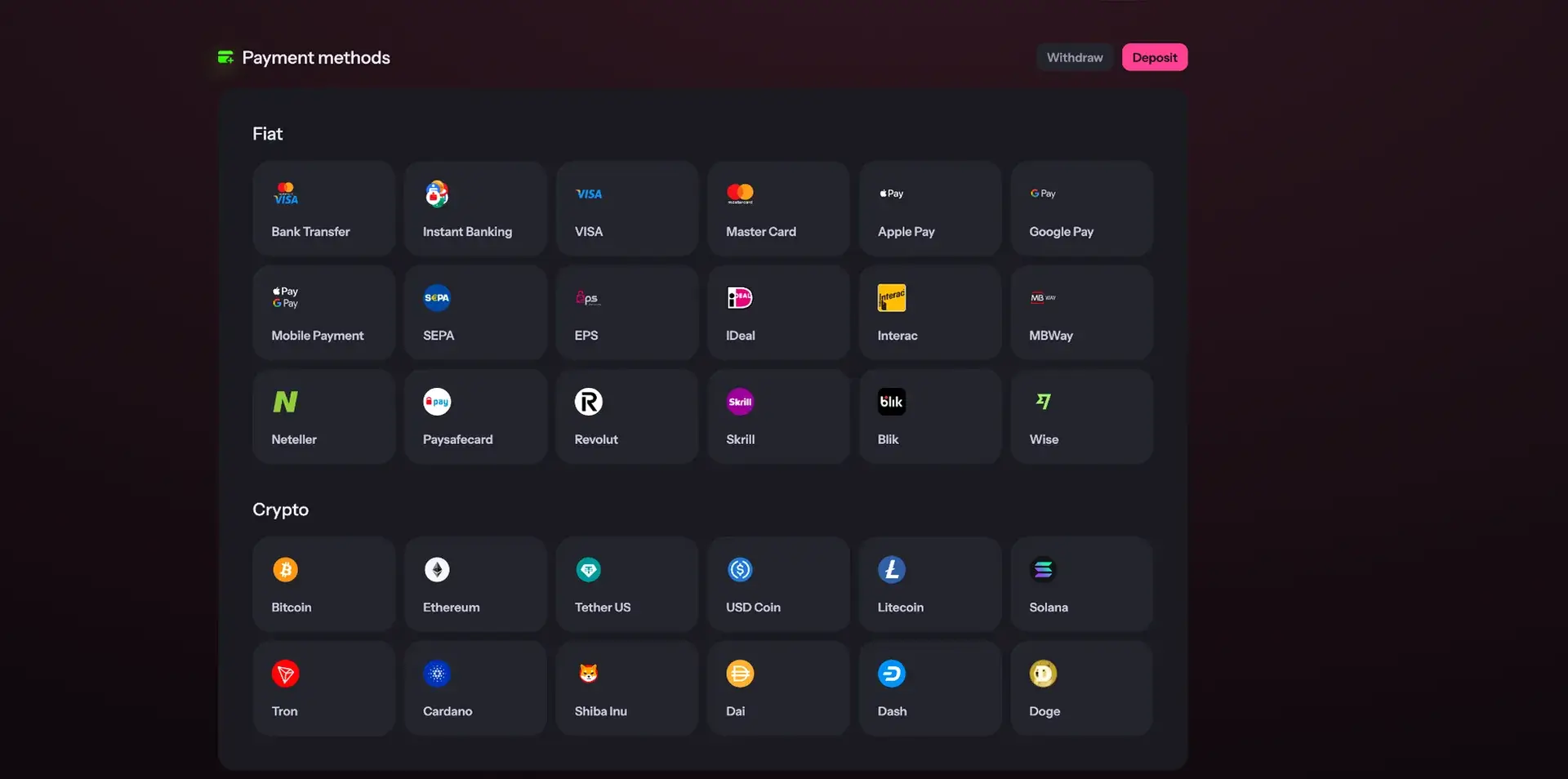 Payment methods and currency handling – PiggyBet casino screenshot